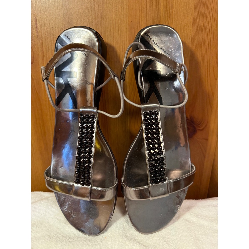 Anne Klein Sport Gunmetal Beaded T-Strap Sandals‎ Women's Size 8.5m